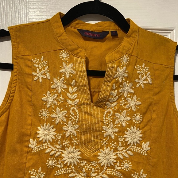 Srishti Size S Mustard Yellow Cotton Blend Pullover Embroidered Sleeveless Top - Picture 2 of 10